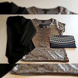 August Silk Knot top, siver sequin, size large.